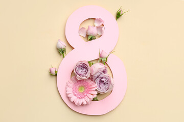 Figure 8 made of paper and beautiful roses on yellow background. International Women's Day