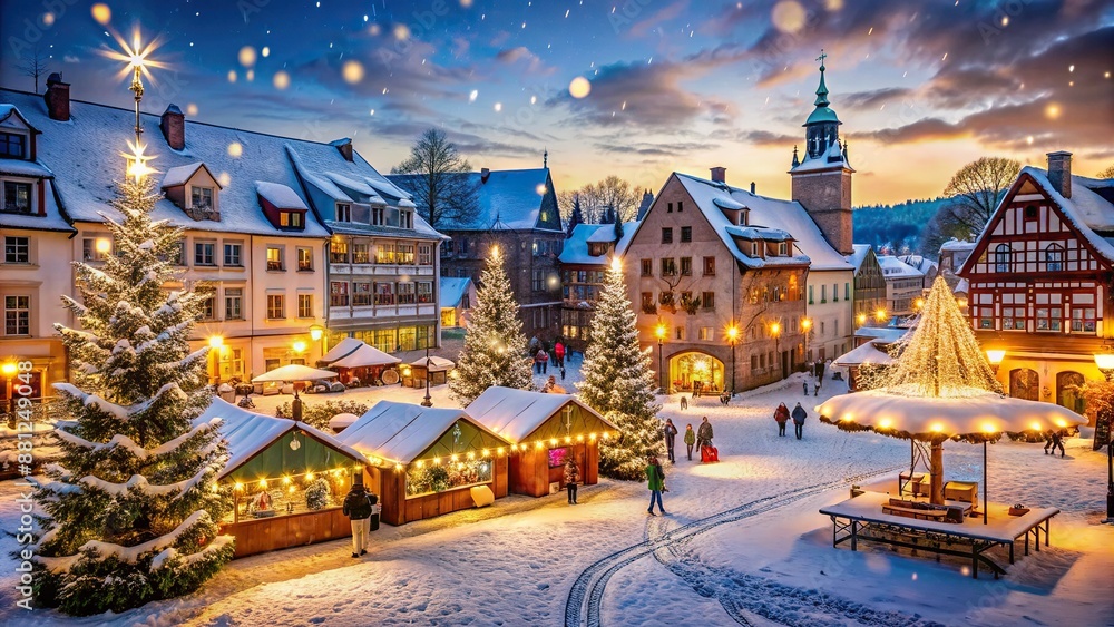 Poster snowflakes gently fall on a quaint village square, adorned with twinkling holiday lights, festive ma