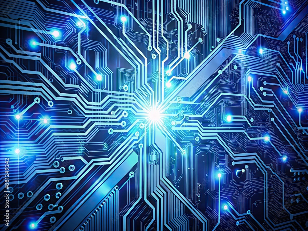 Aufkleber futuristic blue digital abstract background with circuit board patterns, wires, and microchips, evok