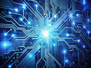 Futuristic blue digital abstract background with circuit board patterns, wires, and microchips, evoking innovation, technology, and modern computing systems.