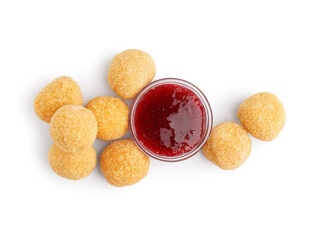 Tasty fried mozzarella balls with sweet sauce in white background