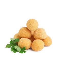Tasty fried mozzarella balls and parsley in white background