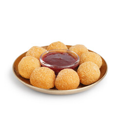 Plate with tasty fried mozzarella balls and sweet sauce in white background