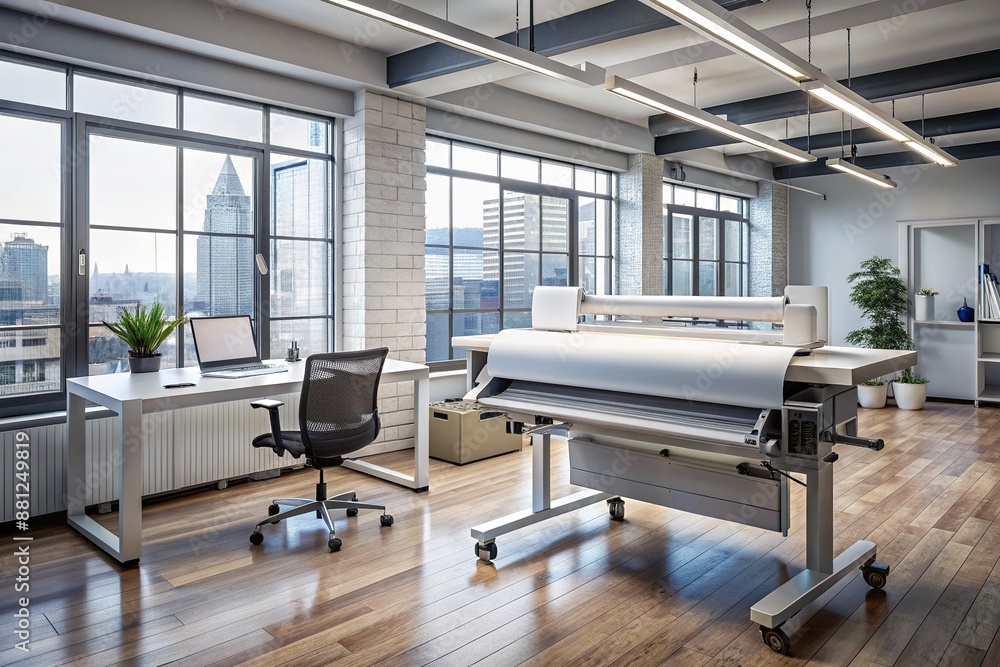 Poster large format plotter in modern engineering office, rolls of paper and technical drawings scattered a