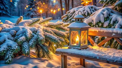 Softly glowing Christmas lantern rests on a serene snow-covered wooden bench, surrounded by frosty evergreen branches and snowflakes, evoking a peaceful winter wonderland ambiance.