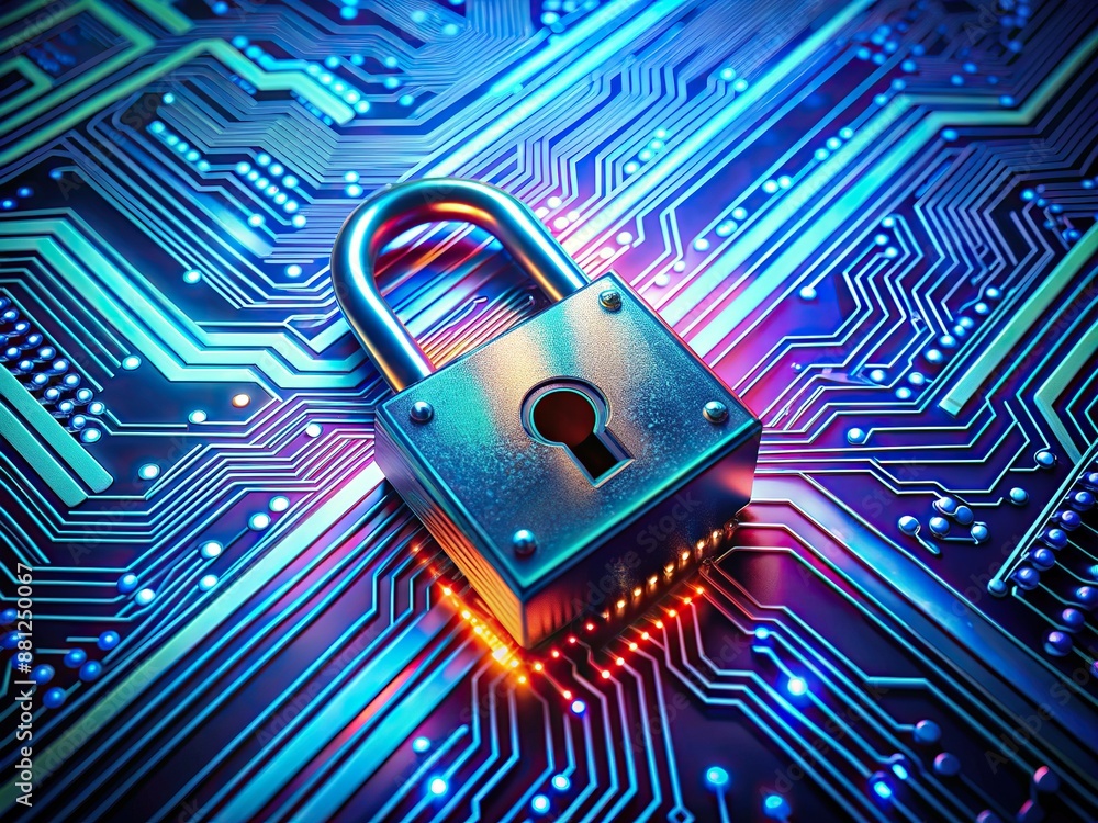 Poster futuristic neon padlock guards encrypted personal data on a futuristic electronic circuit board, rep