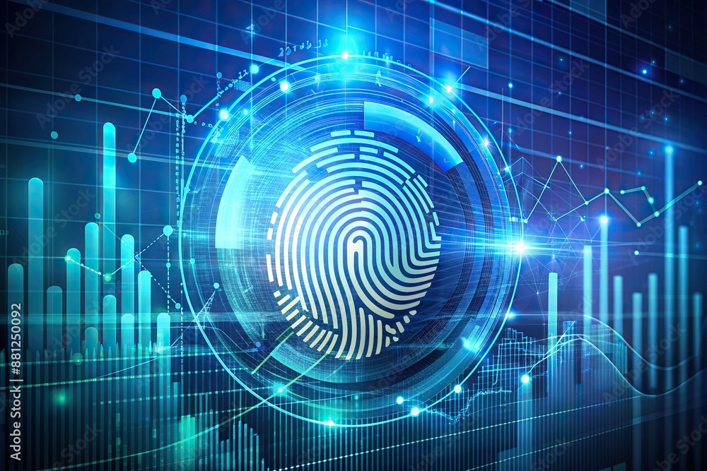 Poster futuristic banner featuring a fingerprint scan unlocking a secure online connection, with financial 