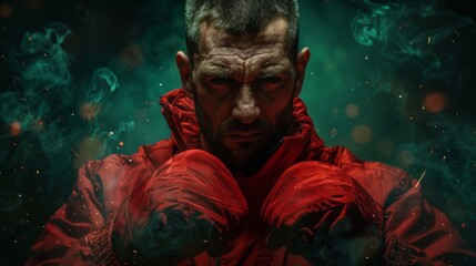 Fototapeta premium Anger and defiance, fists clenched, intense gaze, determined boxer