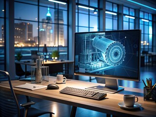 Fototapeta premium Illuminated computer screen displays intricate 3D CAD design in dimly lit high-tech office, surrounded by futuristic gadgets and technical instruments at nighttime.