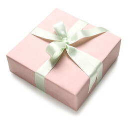 Obraz premium Pink gift box on white background. International Women's Day