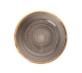 Empty ceramic beige bowl on white background. Top view