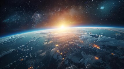Obraz premium A breathtaking view of Earth from space with a stunning sunrise on the horizon and a star-filled sky.