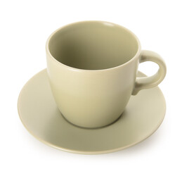Ceramic olive cup with saucer on white background.