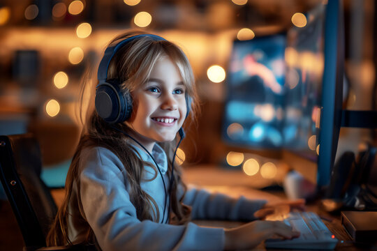 young girl being home schooled, using headphones and computers, copy space
