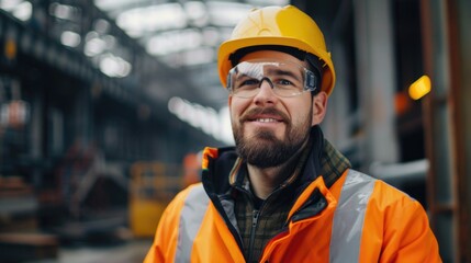 A construction worker is pictured wearing a hard hat and safety glasses, highlighting the importance of personal protective equipment on job sites