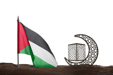 Silhouette of crescent with flag of Palestine on sand against white background. Sorrow concept