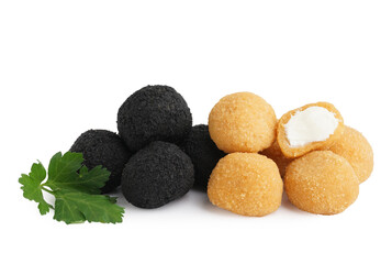 Different delicious fried mozzarella balls and parsley on white background