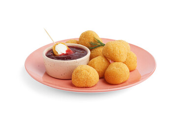 Plate with delicious fried mozzarella balls and sweet sauce on white background