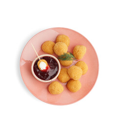 Plate with delicious fried mozzarella balls and sweet sauce on white background