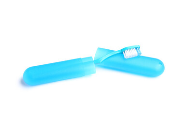 Blue toothbrush in case on white background