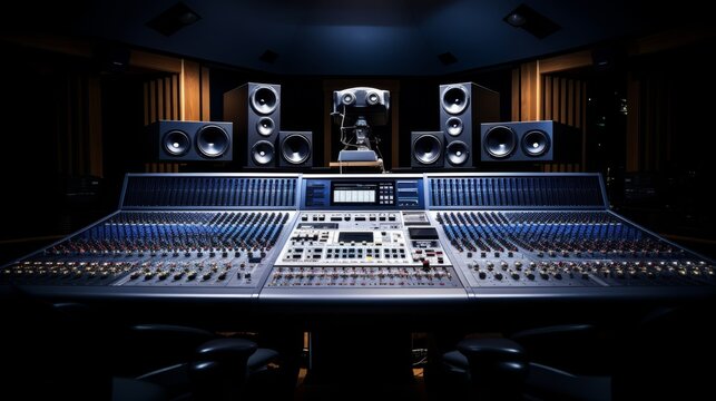 Modern studio with music gear and advanced digital control for professional audio production