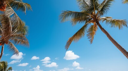 Tropical beach with palm trees under blue sky, ideal summer travel background concept