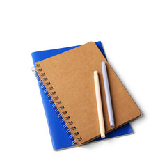 Stylish notebooks with markers on white background