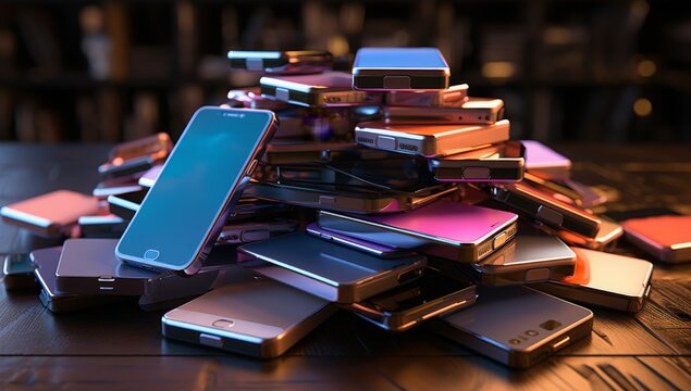 A pile of many mobile phones on a table. The background features various types and models of smartphones. A concept for technology, advertising, sales or marketing business.
