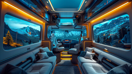 Modern luxury camper interior with panoramic mountain views, featuring comfortable seating and ambient lighting.
