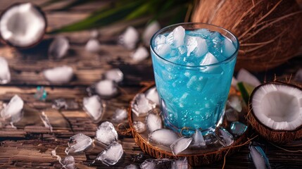 Naklejka premium Refreshing blue beverage in a coconut on wooden surface