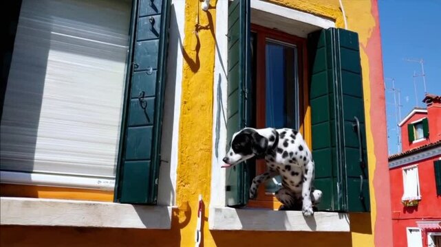 Hermoso perro d&aacute;lmata en la cornisa de una venta de una casa amarilla escapa de su casa y cruza a la ventana de su vecino en busca de su novia
