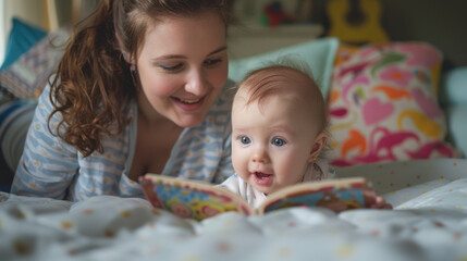 Obraz premium A mother and her baby enjoy reading a colorful book together while lying on a cozy bed.