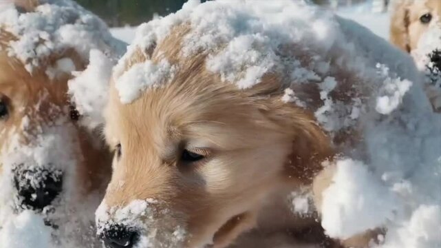 Hermosos cachorros golden retriever se divierten en jugando en la nieve