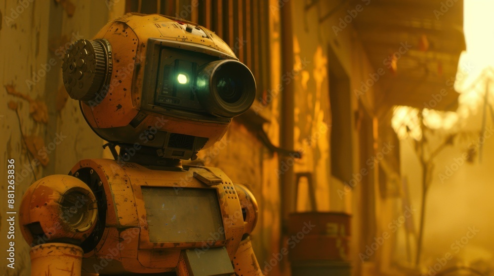 Poster a yellow robot with a camera on its head standing in front of an old building. ai.