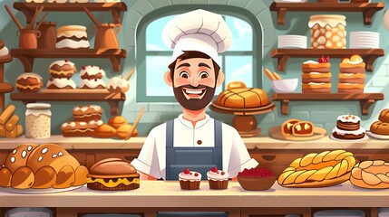 Cheerful Cartoon Baker in Pastry Shop