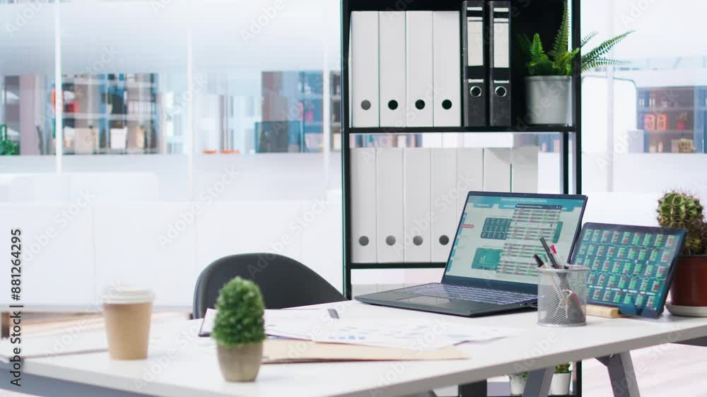 Poster empty company financial department with stock portfolio on laptops containing collection of investme