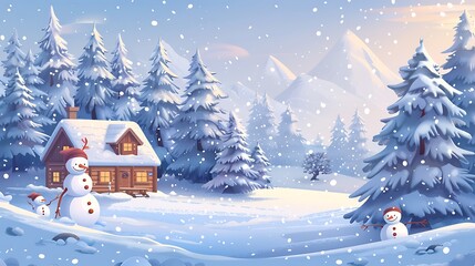 Snowy Cabin with Snowmen in Winter Forest