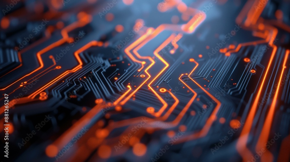 Poster an image of a circuit board with orange and red lines. ai.