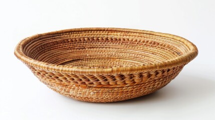 Vintage white background wicker basket with spiral weave thick round cane material and Southwestern Native American design