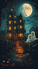 Spooky Haunted House with Ghosts and Full Moon