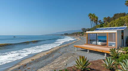 Obraz premium A modern beach house with a large glass window looking out onto the ocean. AI.