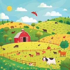 Sunny Farm with Barn and Grazing Animals