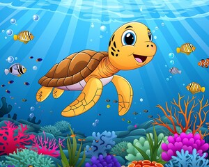 Smiling Cartoon Sea Turtle with Colorful Fish