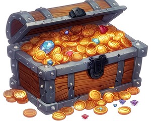 Treasure Chest Filled with Gold Coins and Gems