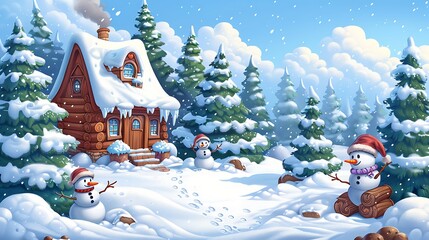 Cozy Snowy Cabin with Snowmen in Forest