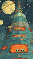 Cartoon Alien Spaceship with Windows in Space