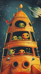 Cute Aliens in Rocket ship Exploring Space