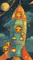 Cartoon Aliens in Colorful Rocket Ship in Space