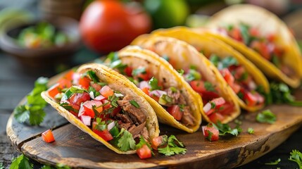 Beef tacos with fresh tomato salsa and cilantro on wooden board