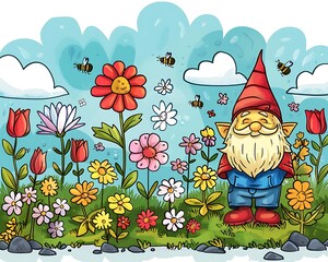 Cheerful Garden Gnome in Flower Bed